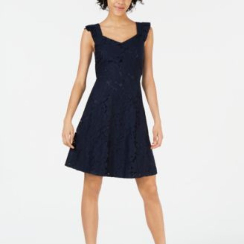 MONTEAU INC FLTR SLV LACE DRESS,  PETITE, NAVY